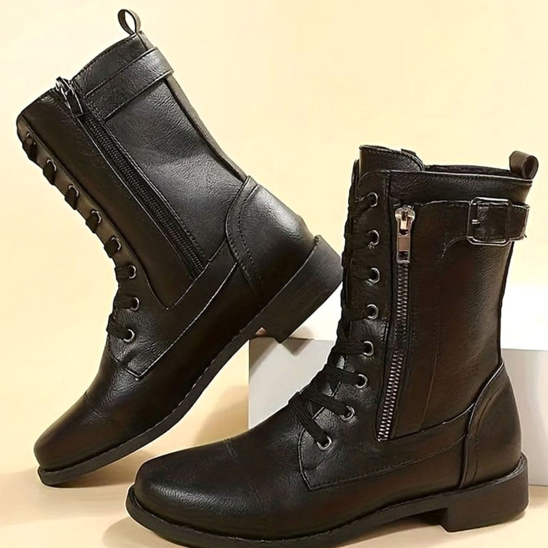 Women's Lace-Up Combat Boots Buckle Side-Zip Round-Toe
