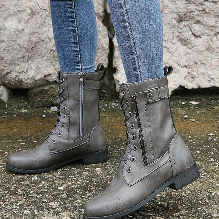 Women's Lace-Up Combat Boots Buckle Side-Zip Round-Toe