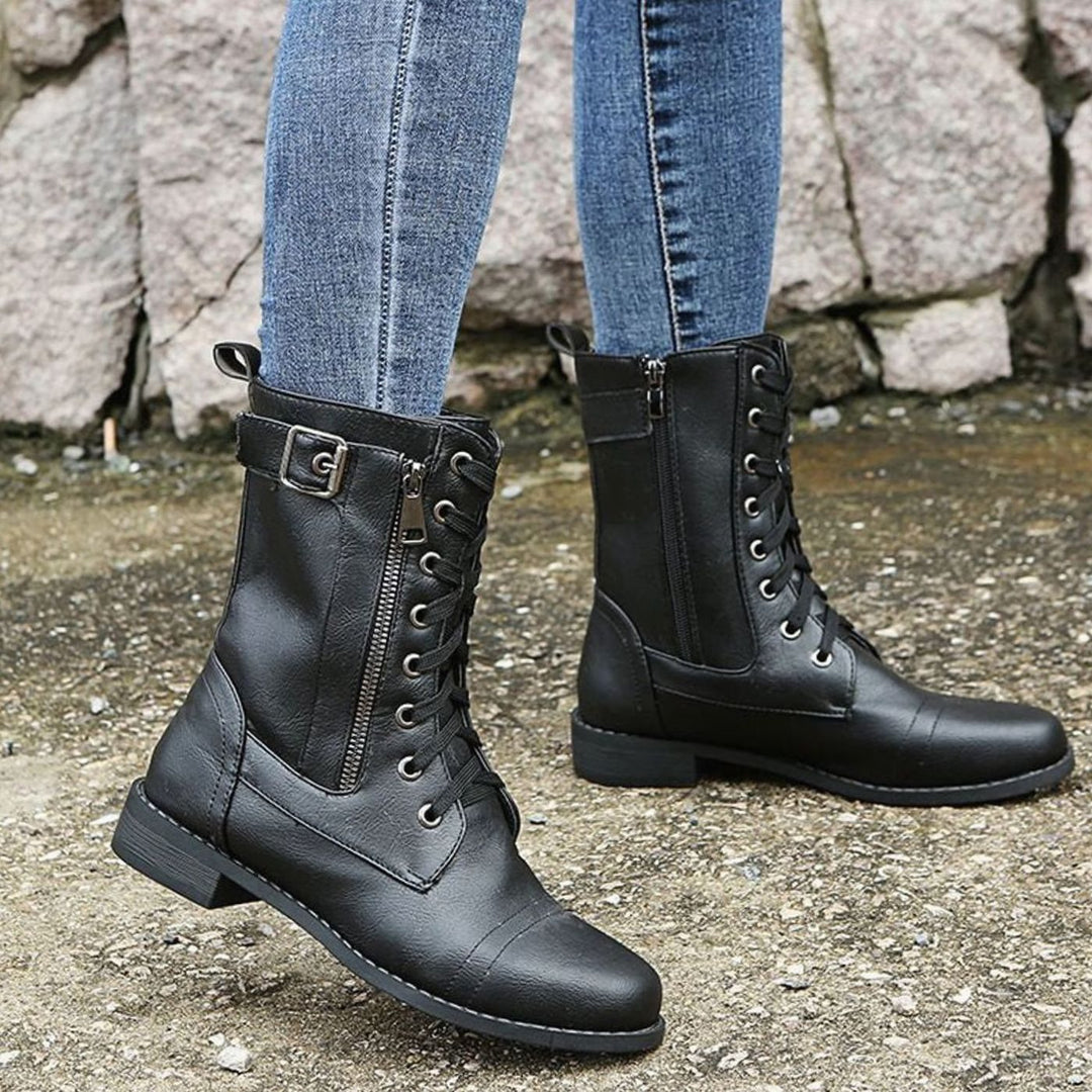 Women's Lace-Up Combat Boots Buckle Side-Zip Round-Toe