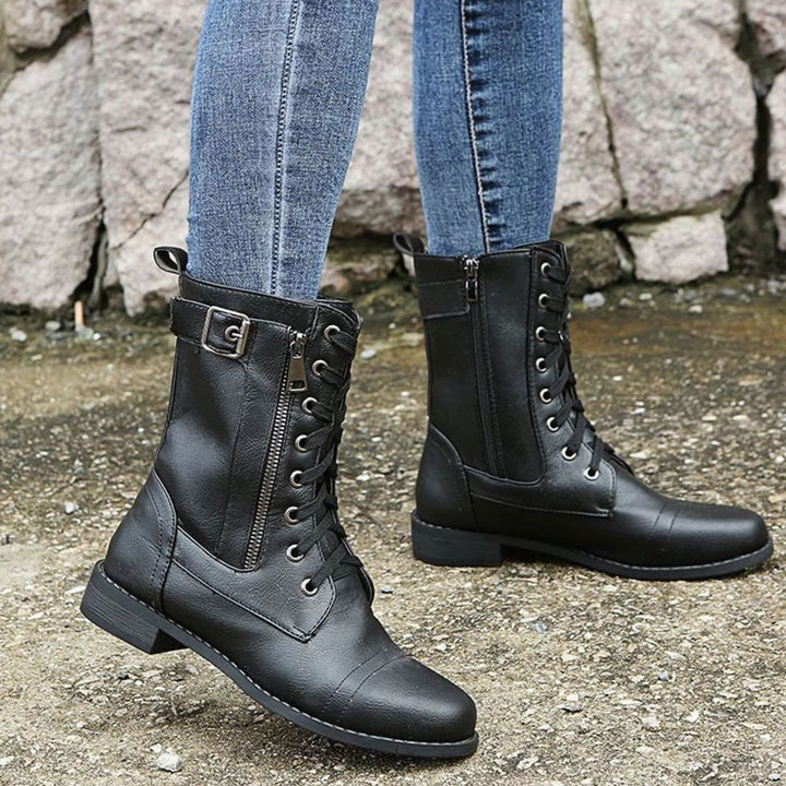 Women's Lace-Up Combat Boots Buckle Side-Zip Round-Toe