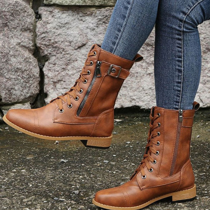 Women's Lace-Up Combat Boots Buckle Side-Zip Round-Toe