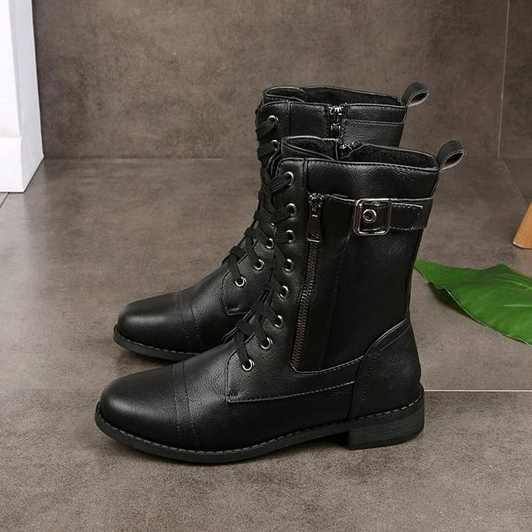 Women's Lace-Up Combat Boots Buckle Side-Zip Round-Toe