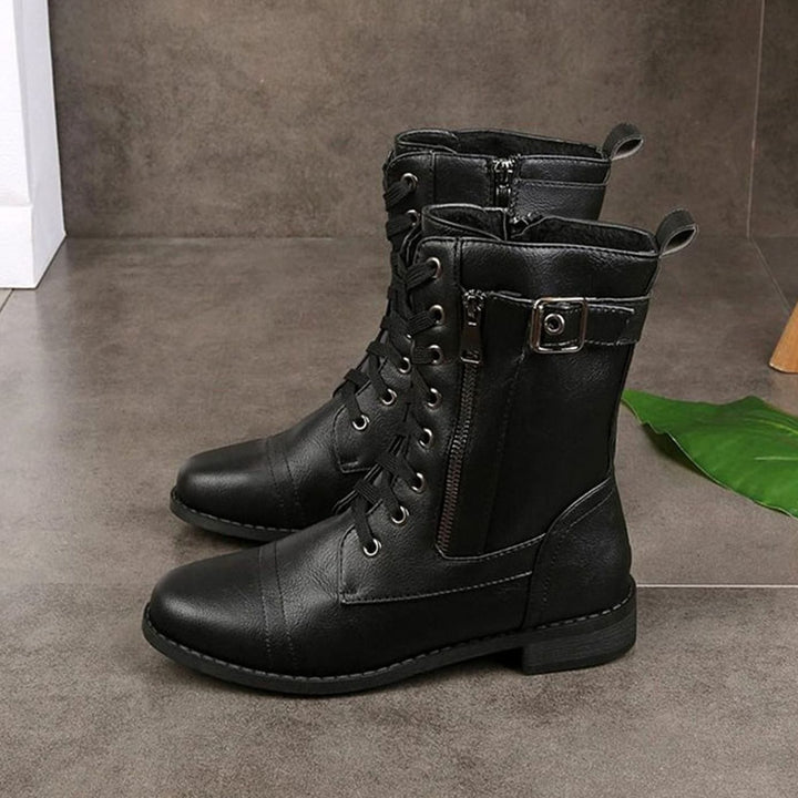 Women's Lace-Up Combat Boots Buckle Side-Zip Round-Toe