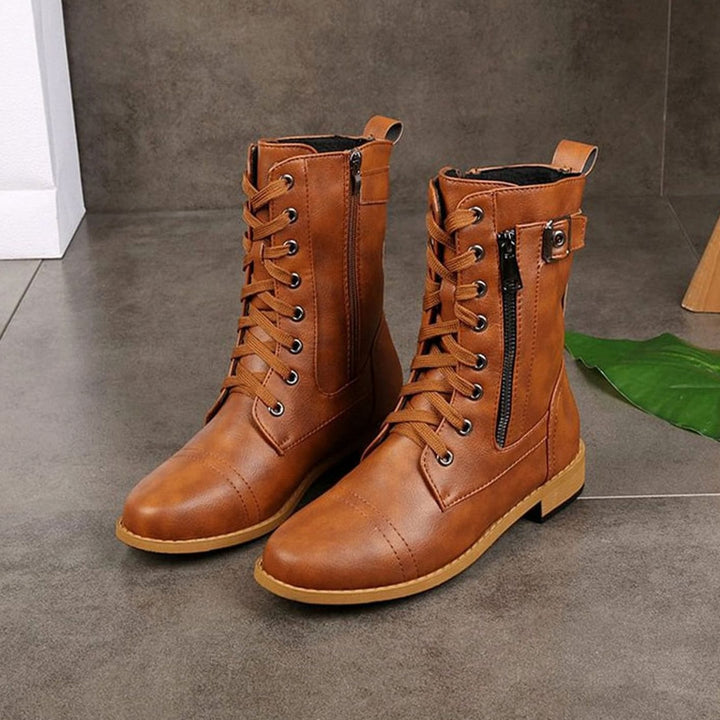 Women's Lace-Up Combat Boots Buckle Side-Zip Round-Toe