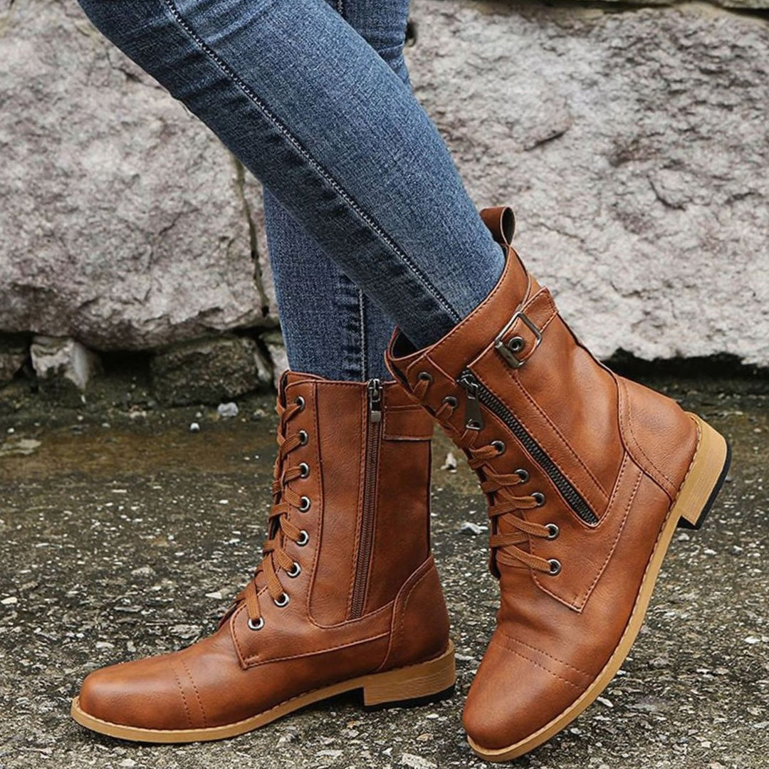 Women's Lace-Up Combat Boots Buckle Side-Zip Round-Toe