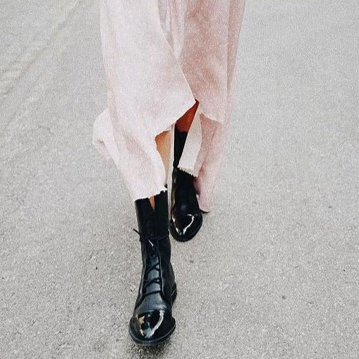 Women's Lace-Up Combat Style Boots Flat Cap-Toe Mid-Calf