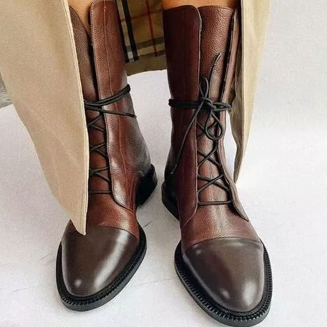 Women's Lace-Up Combat Style Boots Flat Cap-Toe Mid-Calf