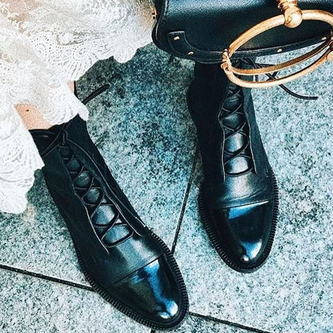 Women's Lace-Up Leather Cap-Toe Ankle Boots