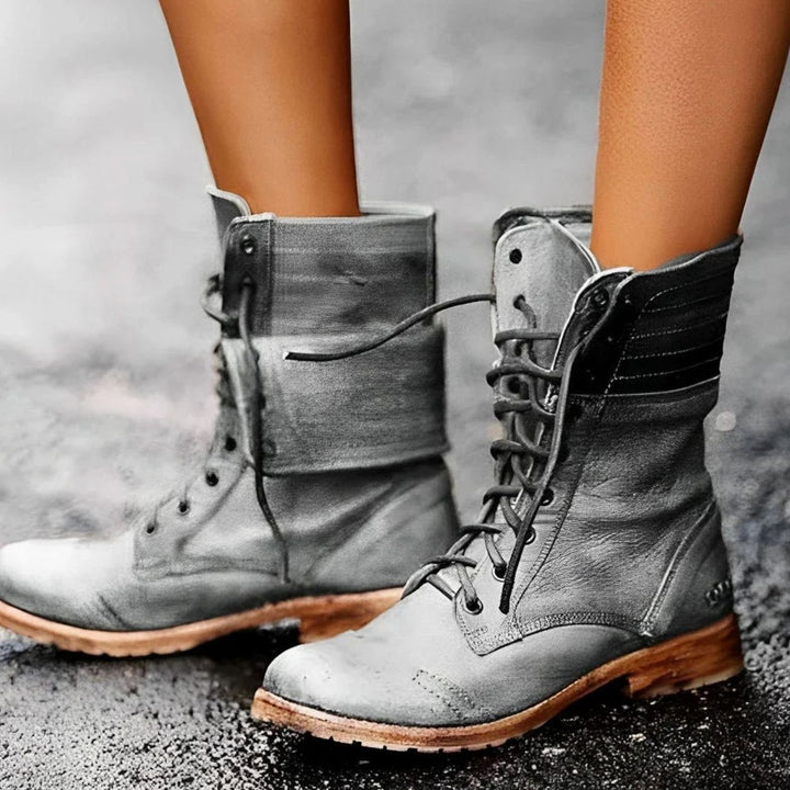 Women's Lace-Up Mid-Calf Foldover Combat Boots - Gray