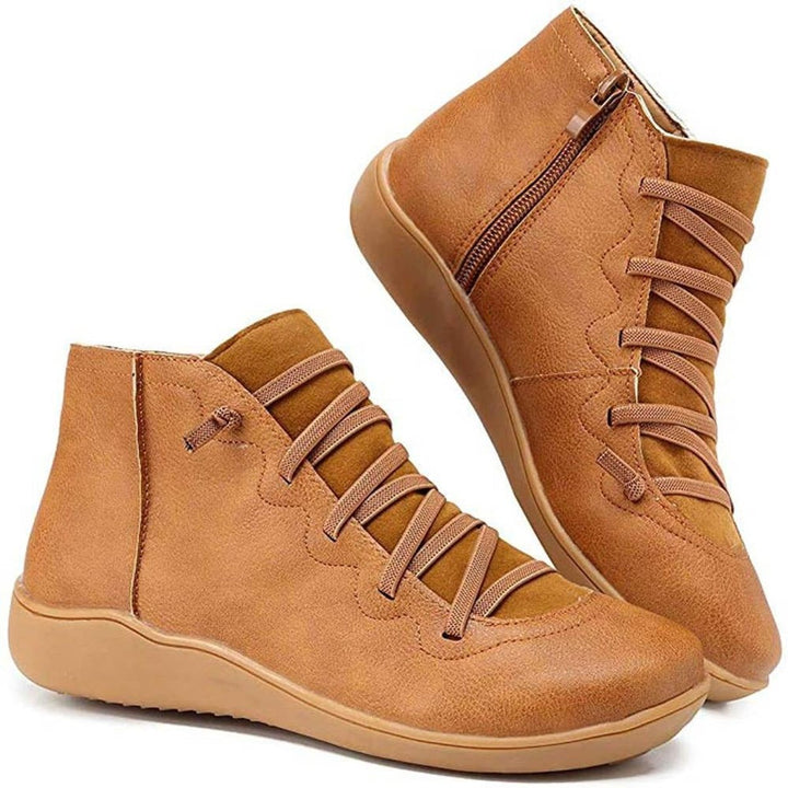 Women's Lace-Up Side-Zip Flat Faux Leather Ankle Boots - Brown