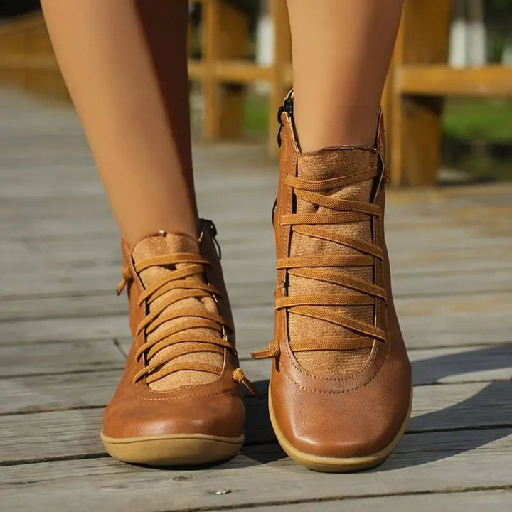 Women's Lace-Up Side-Zip Flat Faux Leather Ankle Boots