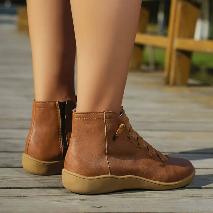 Women's Lace-Up Side-Zip Flat Faux Leather Ankle Boots