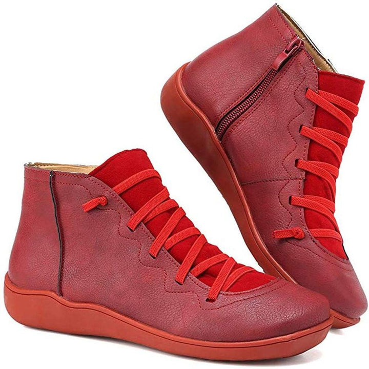 Women's Lace-Up Side-Zip Flat Faux Leather Ankle Boots - Red
