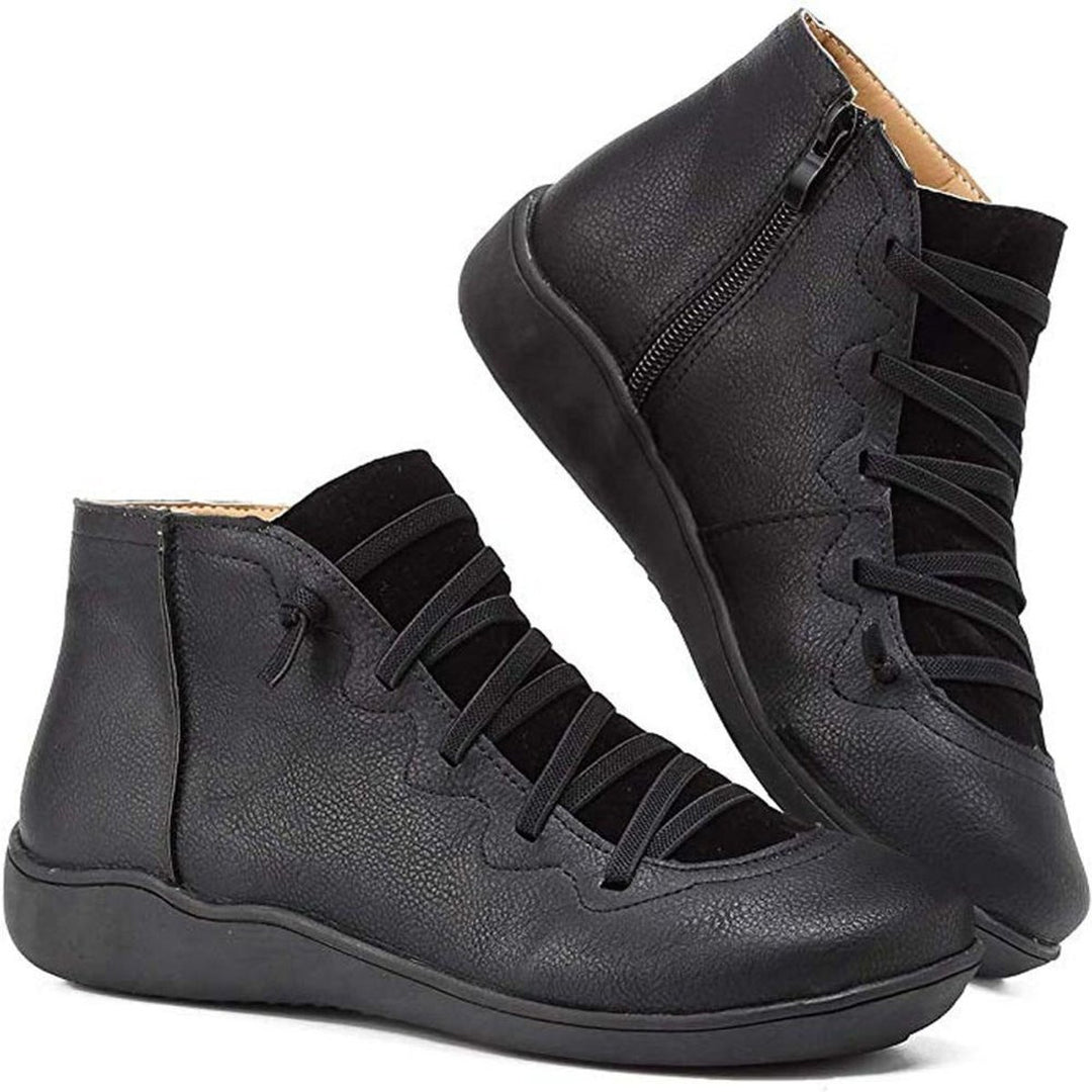 Women's Lace-Up Side-Zip Flat Faux Leather Ankle Boots - Black