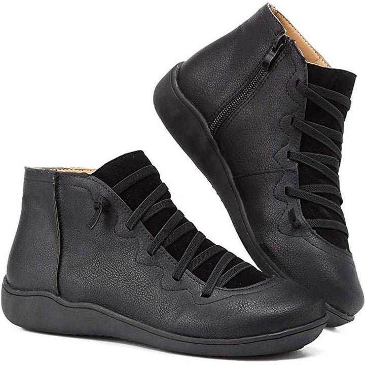 Women's Lace-Up Side-Zip Flat Faux Leather Ankle Boots - Black