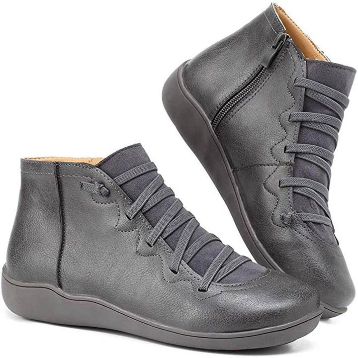 Women's Lace-Up Side-Zip Flat Faux Leather Ankle Boots - Gray