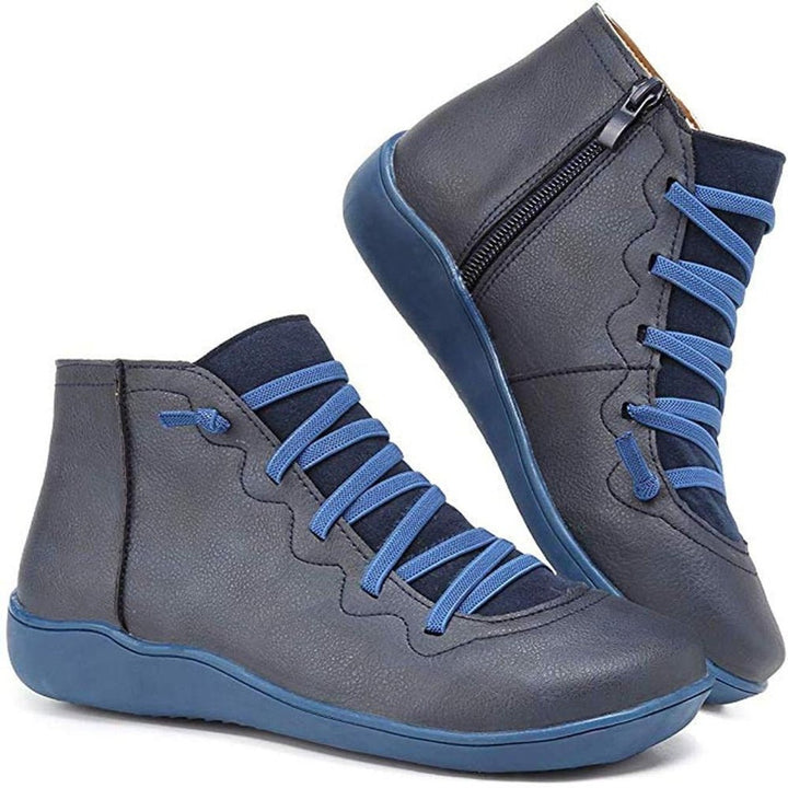 Women's Lace-Up Side-Zip Flat Faux Leather Ankle Boots - Blue