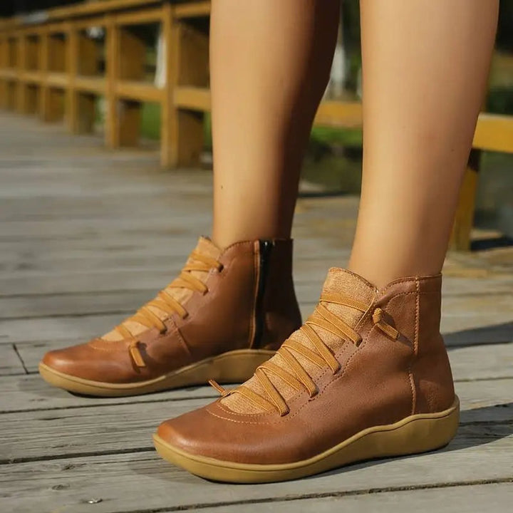 Women's Lace-Up Side-Zip Flat Faux Leather Ankle Boots