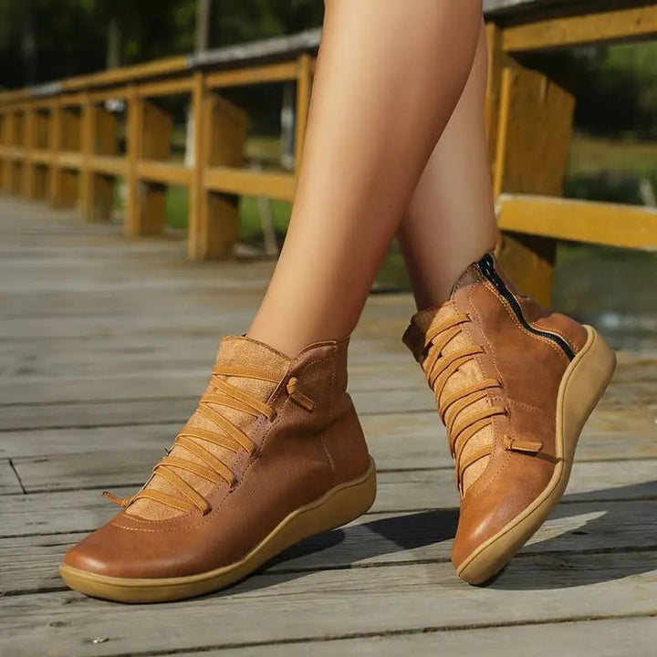 Women's Lace-Up Side-Zip Flat Faux Leather Ankle Boots