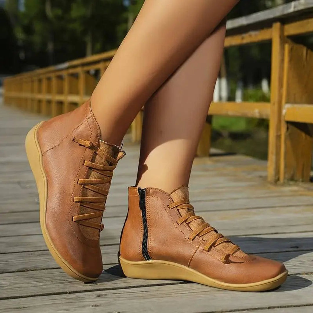 Women's Lace-Up Side-Zip Flat Faux Leather Ankle Boots