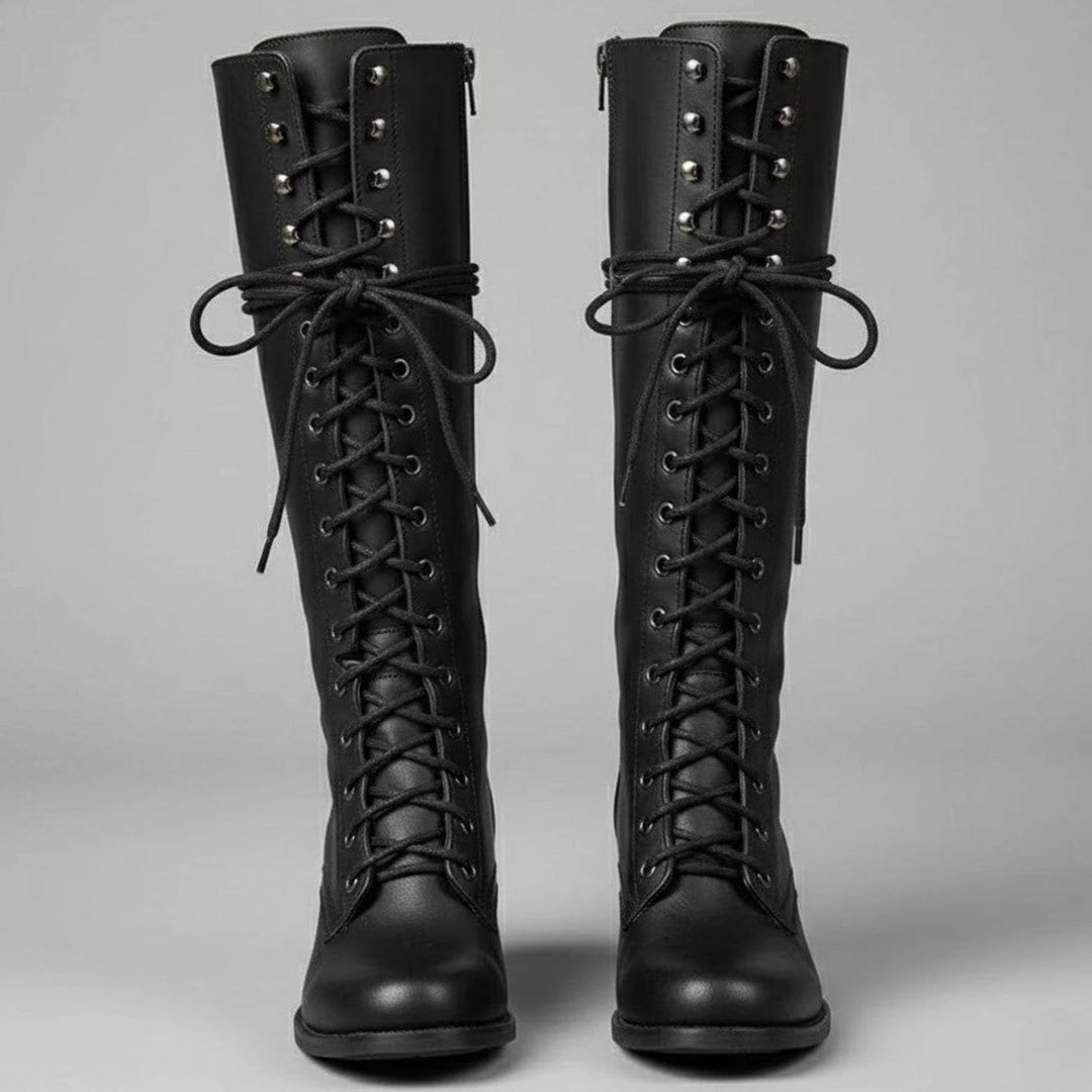 Women's Lace-Up Studded Knee-High Boots Block Heel - Black