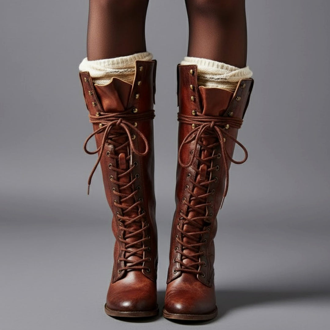 Women's Lace-Up Studded Knee-High Boots Block Heel - Red Brown