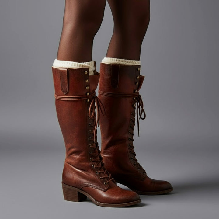 Women's Lace-Up Studded Knee-High Boots Block Heel