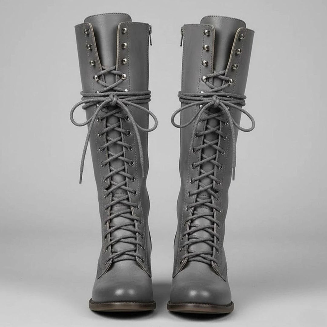 Women's Lace-Up Studded Knee-High Boots Block Heel