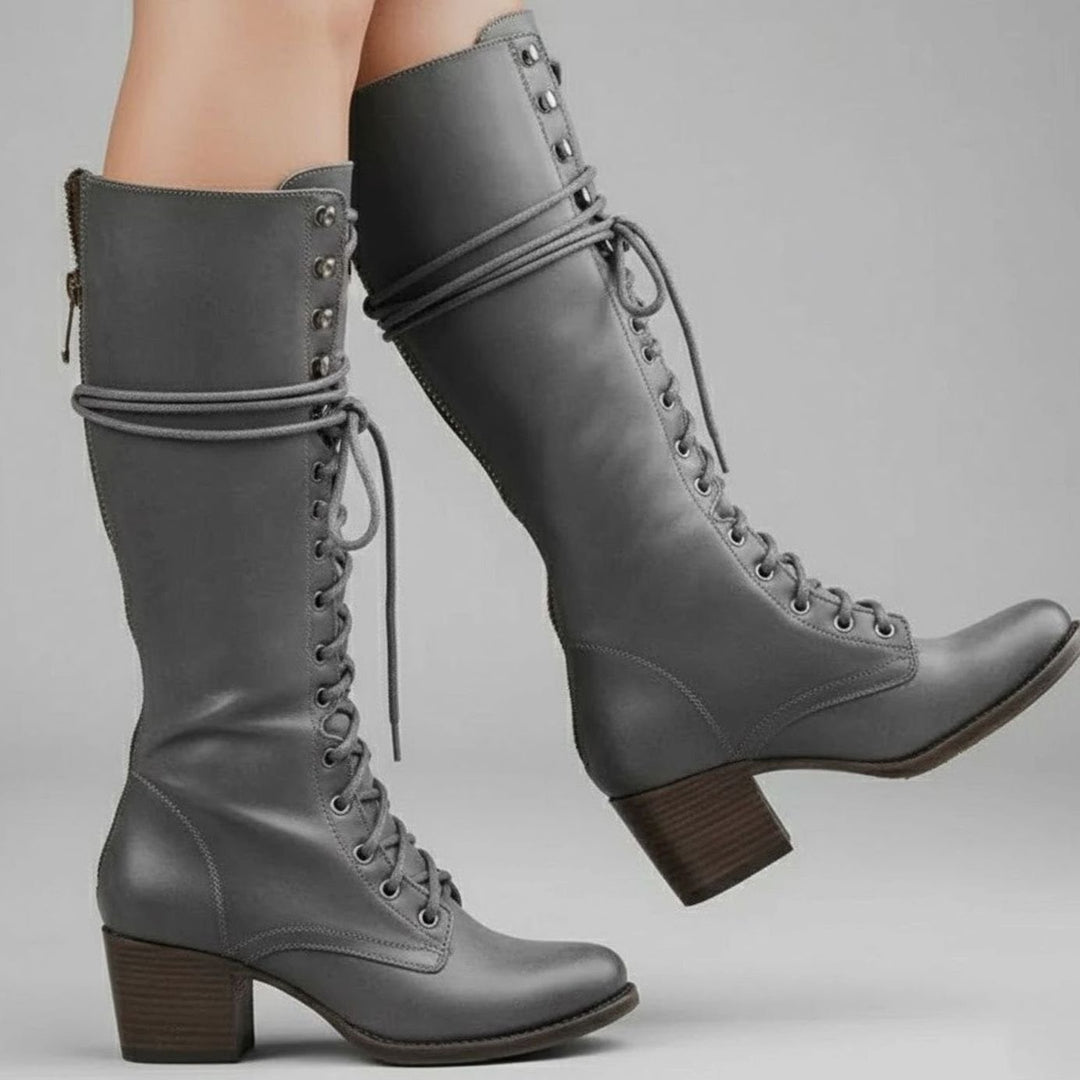Women's Lace-Up Studded Knee-High Boots Block Heel - Gray