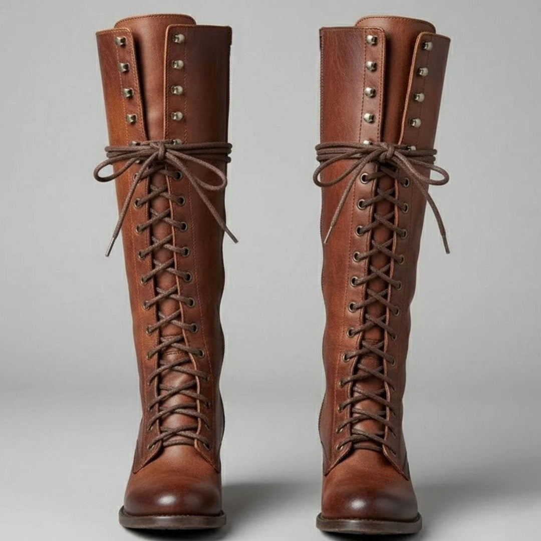 Women's Lace-Up Studded Knee-High Boots Block Heel - Brown