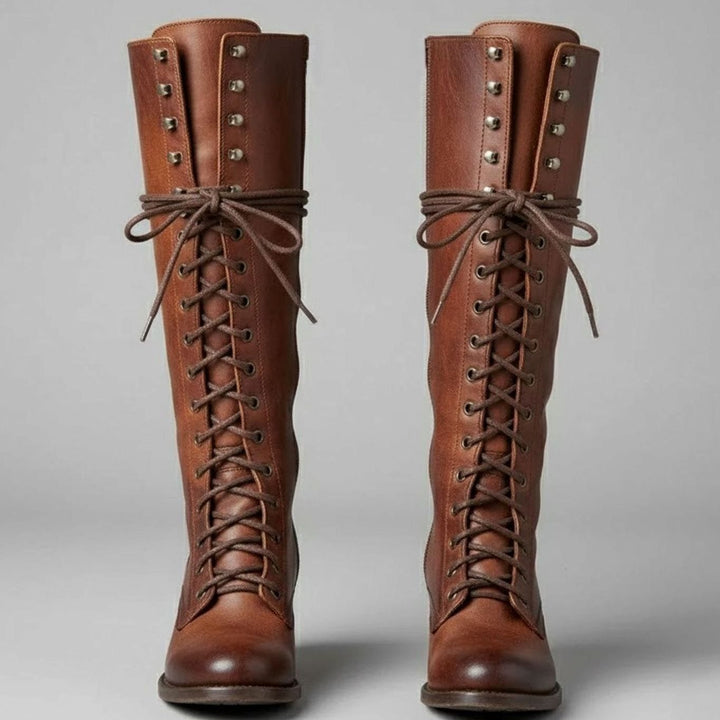 Women's Lace-Up Studded Knee-High Boots Block Heel - Brown