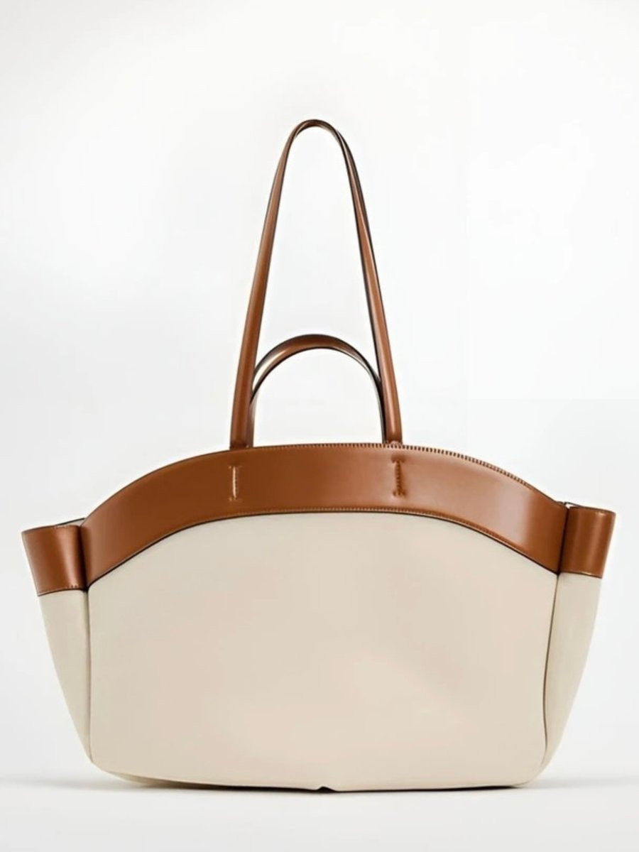 Women's Large Leather-Trim Canvas Tote Bag Shoulder Strap