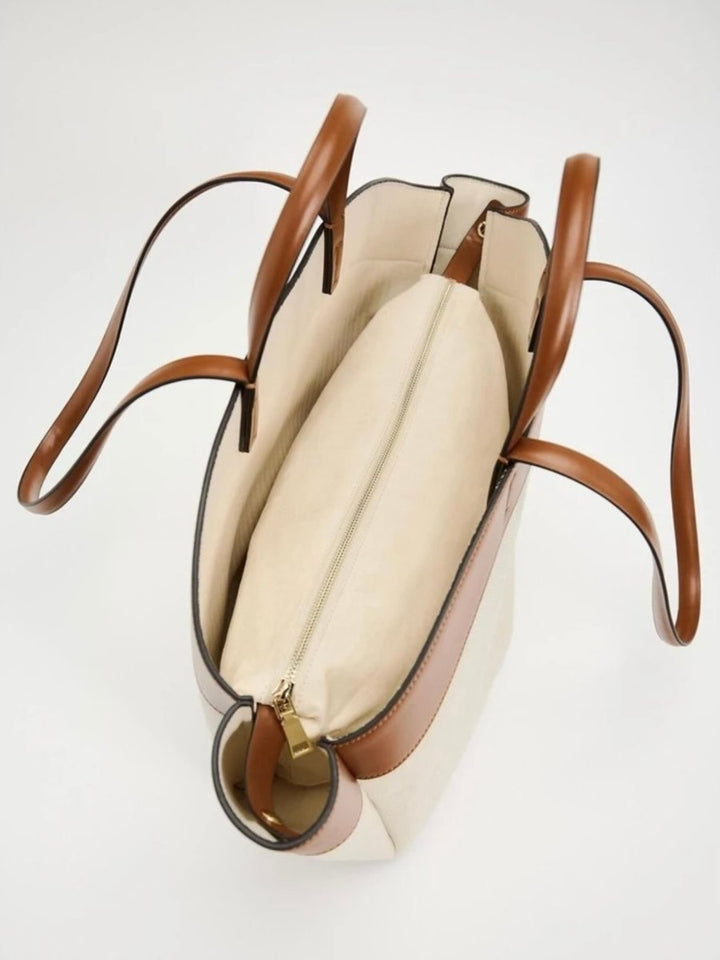 Women's Large Leather-Trim Canvas Tote Bag Shoulder Strap