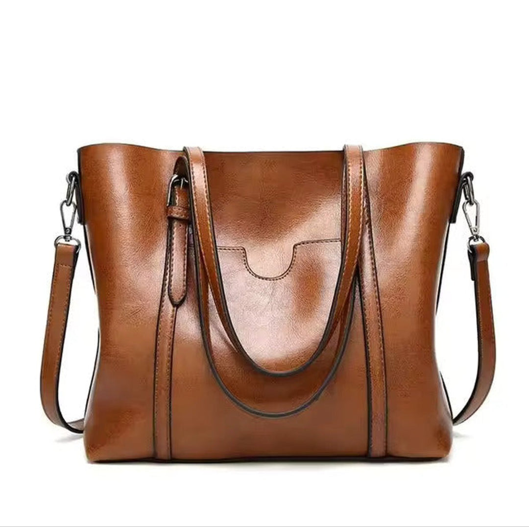 Women's Large Oil-Wax Leather Shoulder Tote Bag - Braun