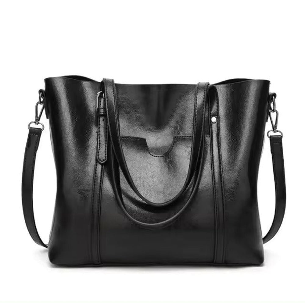 Women's Large Oil-Wax Leather Shoulder Tote Bag - Schwarz