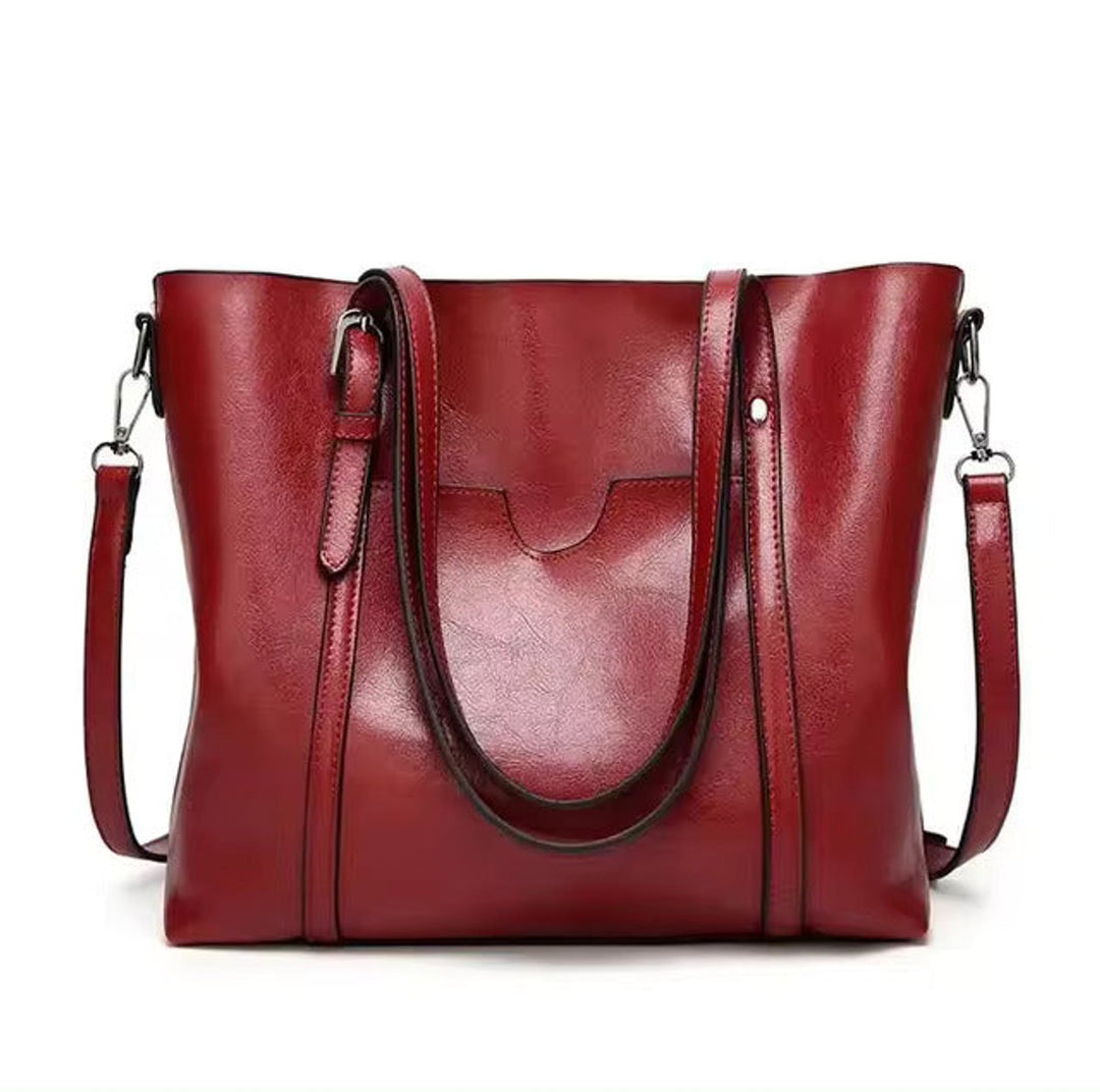 Women's Large Oil-Wax Leather Shoulder Tote Bag - Rot