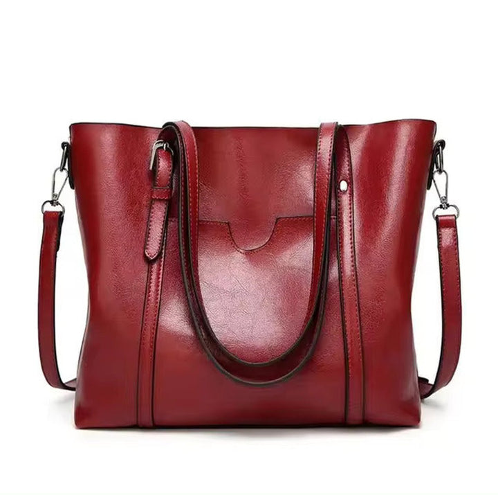 Women's Large Oil-Wax Leather Shoulder Tote Bag - Rot