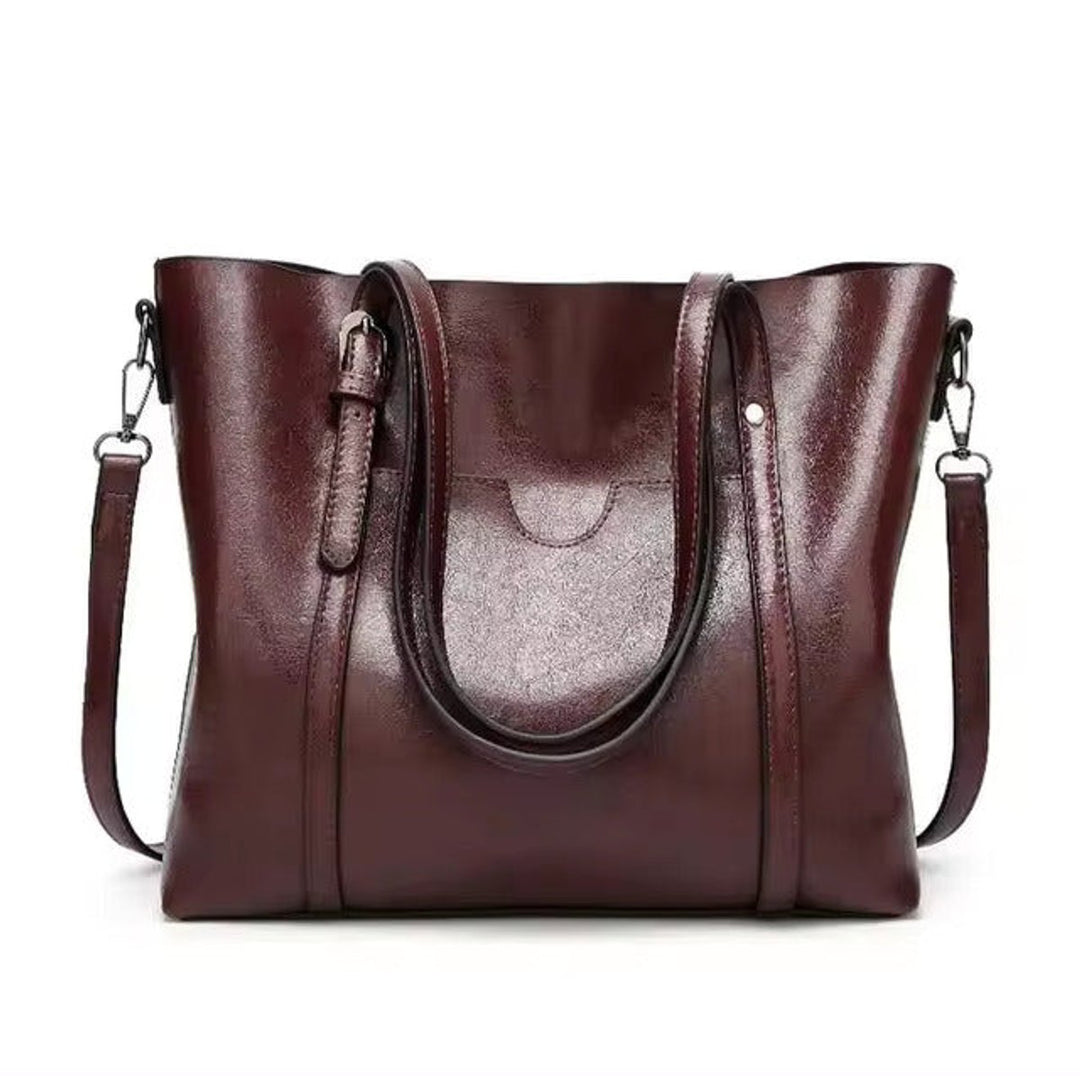 Women's Large Oil-Wax Leather Shoulder Tote Bag - Kaffee