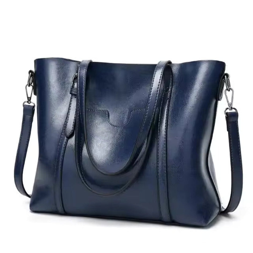 Women's Large Oil-Wax Leather Shoulder Tote Bag - Blau