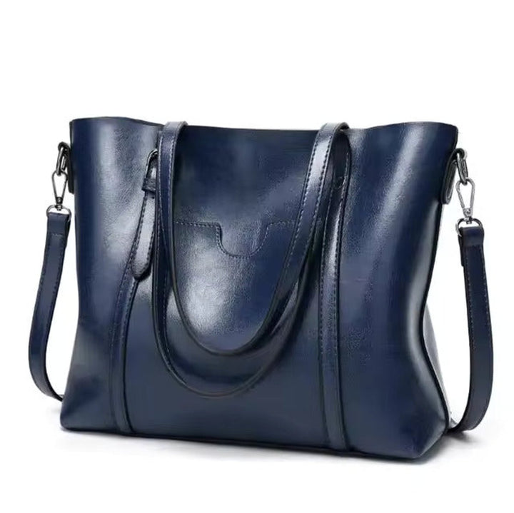 Women's Large Oil-Wax Leather Shoulder Tote Bag - Blau