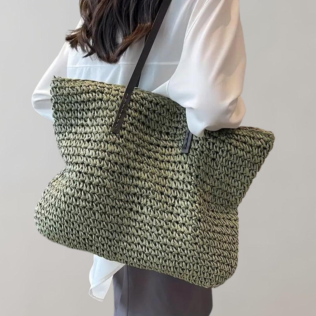 Women's Large Woven Raffia Bohemian Beach Tote Bag - Grün