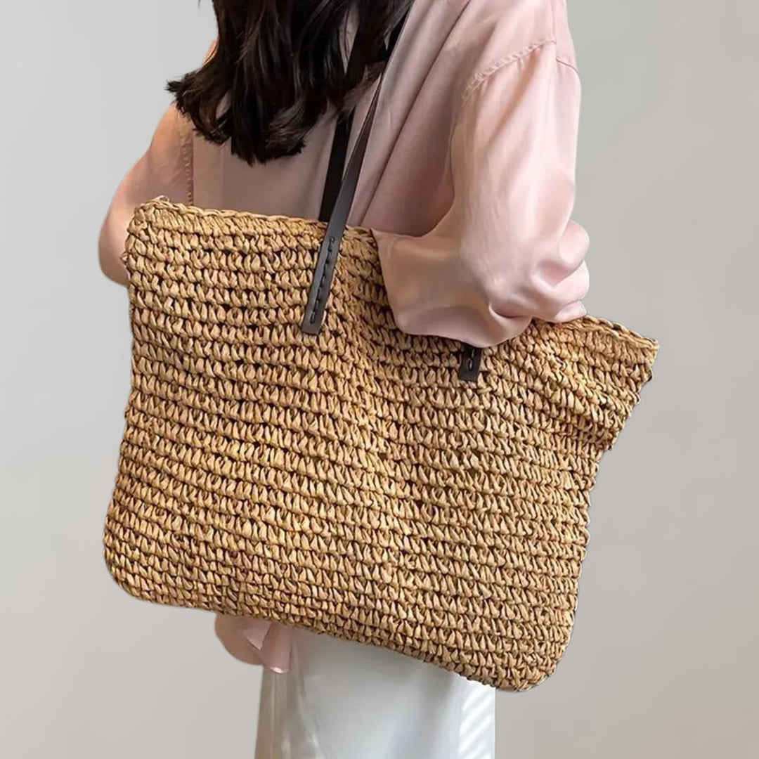Women's Large Woven Raffia Bohemian Beach Tote Bag - Khaki