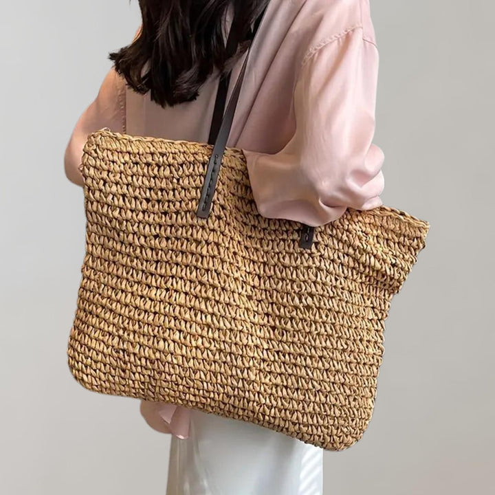 Women's Large Woven Raffia Bohemian Beach Tote Bag - Khaki