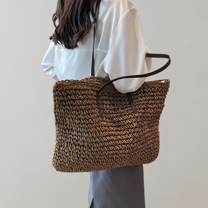 Women's Large Woven Raffia Bohemian Beach Tote Bag - Kaffee