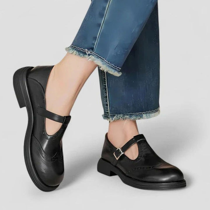 Women's Leather Brogue T-Strap Classic Boots - Black