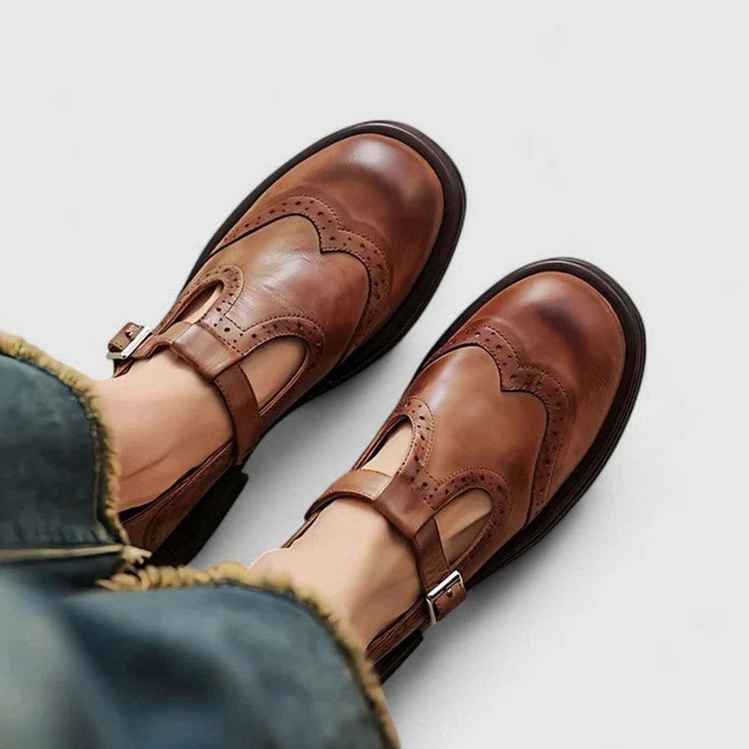 Women's Leather Brogue T-Strap Classic Boots - Brown
