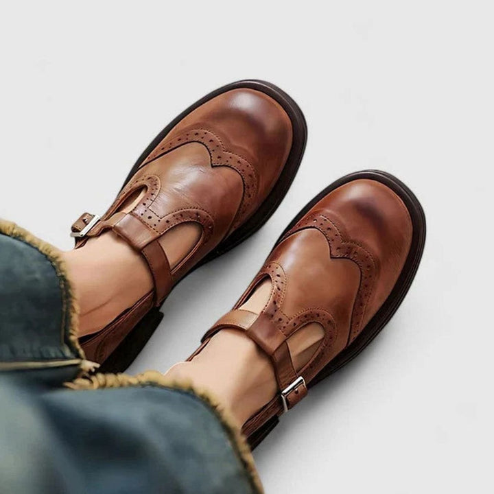 Women's Leather Brogue T-Strap Classic Boots - Brown