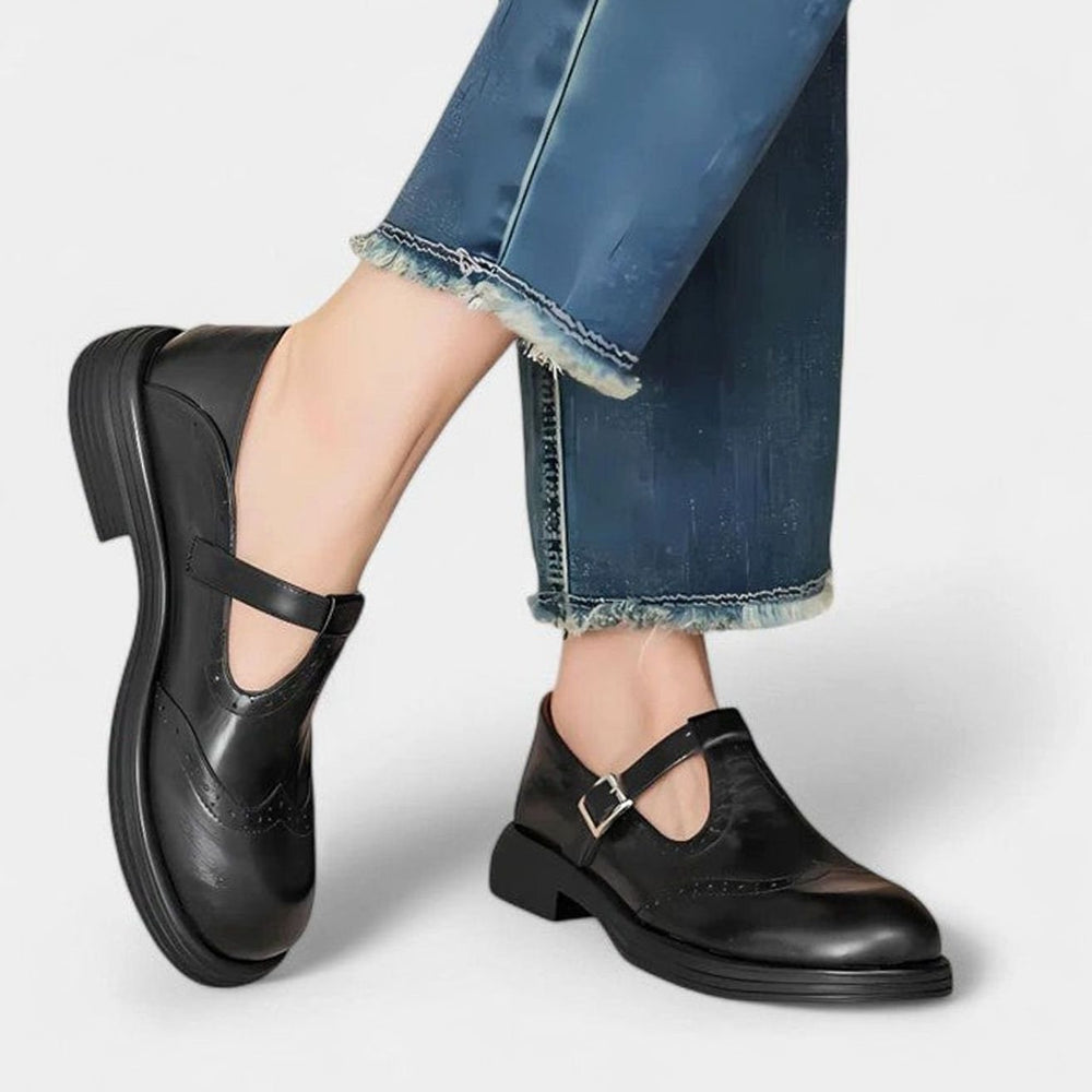Women's Leather Brogue T-Strap Shoes Buckle Closure - Black