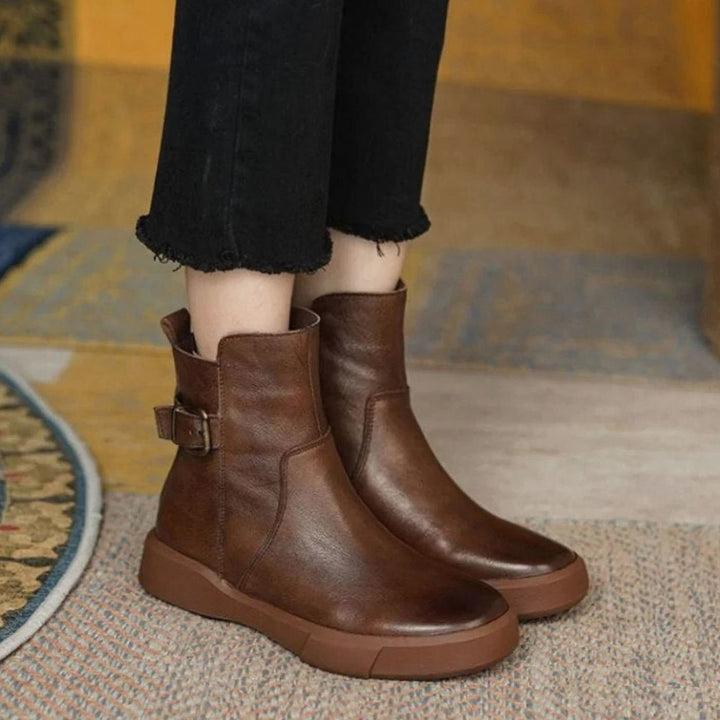 Women's Leather Buckle Flat-Platform Ankle Boots - Brown