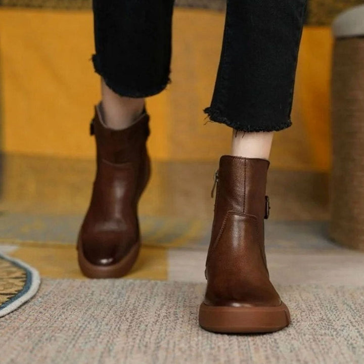 Women's Leather Buckle Flat-Platform Ankle Boots